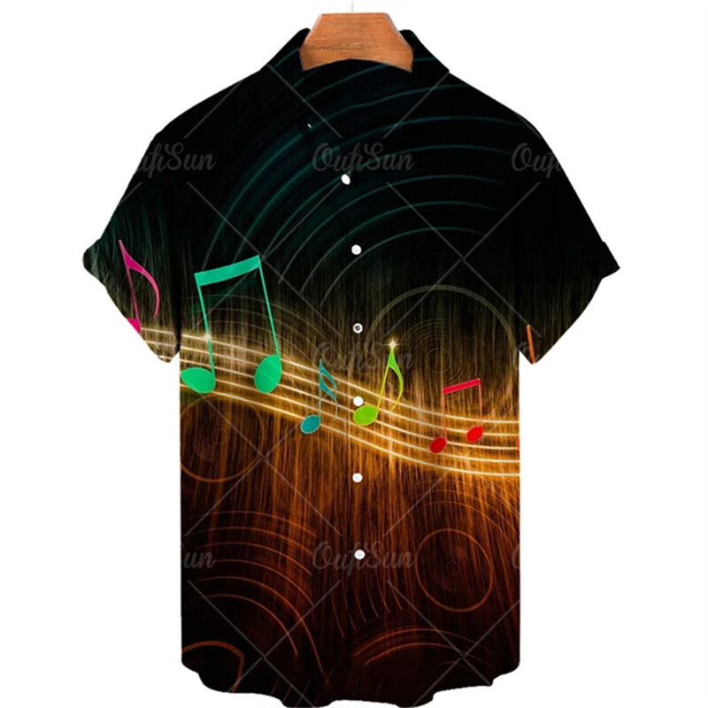 남성용 음악 프린트 셔츠, 캐주얼 셔츠, 반팔 싱글 단추, 럭셔리 하와이 셔츠, 편안하고 세련된 비치 탑, 2024