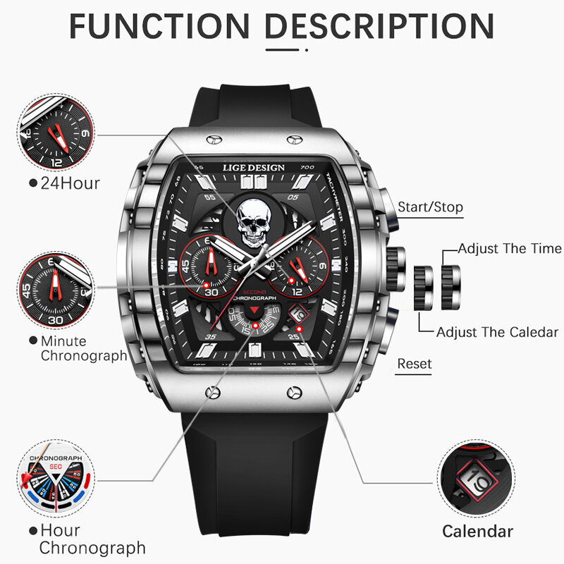 LIGE jam tangan pria, arloji kronograf tahan air bercahaya tanggal tali silikon Quartz untuk lelaki