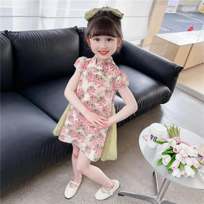 Girls' Chinese Style Retro Hanfu, Children's Summer New Westernized Cheongsam, Girls' Floral Dress, Thin Cotton Chinese Style Sk