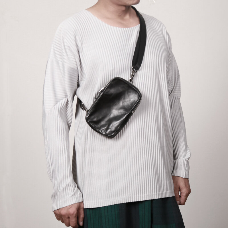Nova moda masculina mini bolsa de couro genuíno pele carneiro pequena cintura sacos unissex mensageiro ombro saco de armazenamento telefone peito