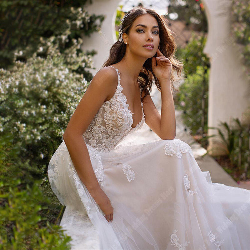 Sparkle Deep-V Women Wedding Dresses Glitter Tulle Bridal Gowns  Elegant New A line Spaghetti Shoulder Straps Vestidos De Novias