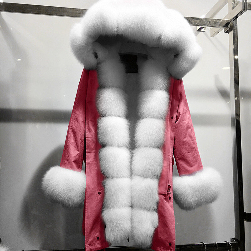 Casaco novo casaco de pele de raposa parka feminino pele de coelho forrado parkas preto inverno grosso real casaco longo quente outerwear feminino