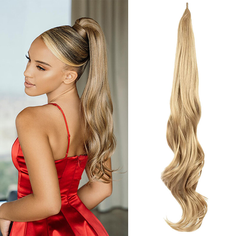 32inch Synthetic Ponytail Long Wavy Flexible Wrap Around Pony Tail Hair Extension for Women Blonde False Hairpiece Daily Use