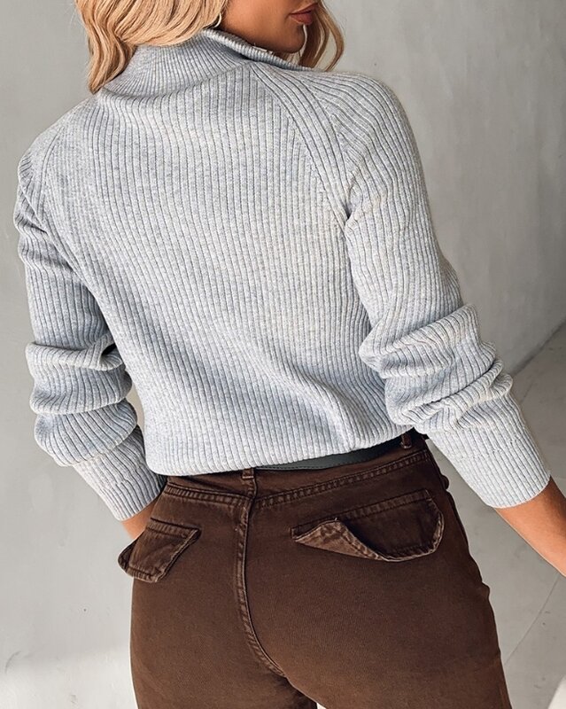 Y2K-suéter de punto con cremallera para mujer, Jersey informal de color liso con cuello vuelto, ropa de invierno, 2023
