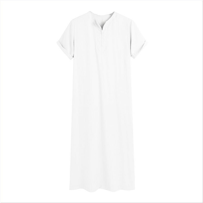 2024 Men's Muslim Clothing Arab Ramadan Robe Crewneck Long Gown Islamic Thobe Solid Short Sleeve Henley Shirts