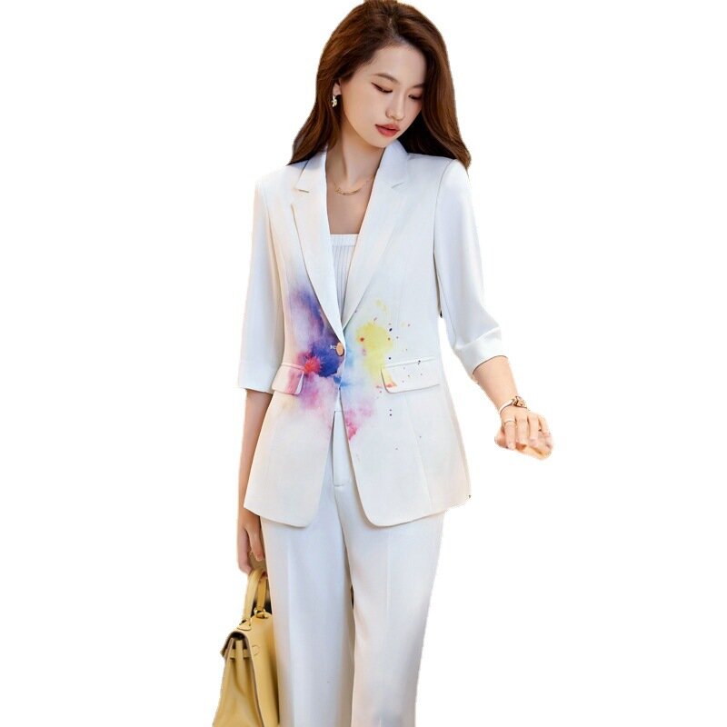 Roupa de negócios de meia manga feminina, jaqueta pequena, roupa formal, nova moda, primavera e verão, 2023