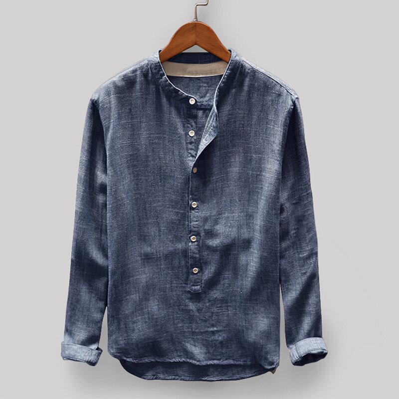 Camiseta de lino y algodón para hombre, camisa informal de manga larga con botones, Color sólido, a la moda