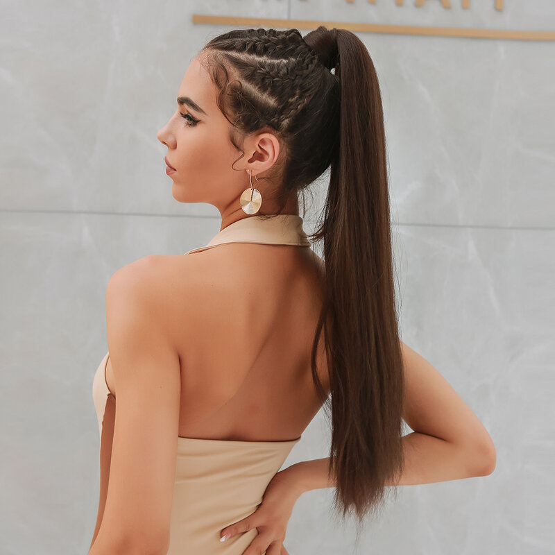 Syntetyczny włosy w koński ogon długi prosty kucyk owinięty wokół włosy doczepiane Clip in miedziany brąz naturalnej treski dla kobiet