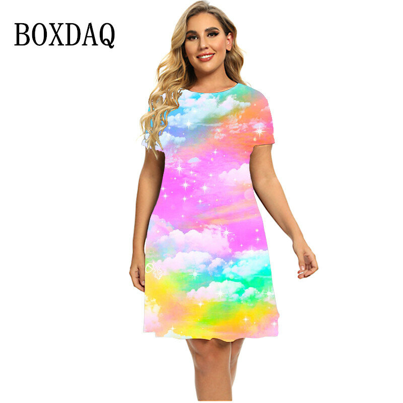 Rainbow Tie Dye Gradient Print Women Dress Elegant Sweet Candy Color Short Sleeve O-Neck A-Line Dress Summer Plus Size Clothing