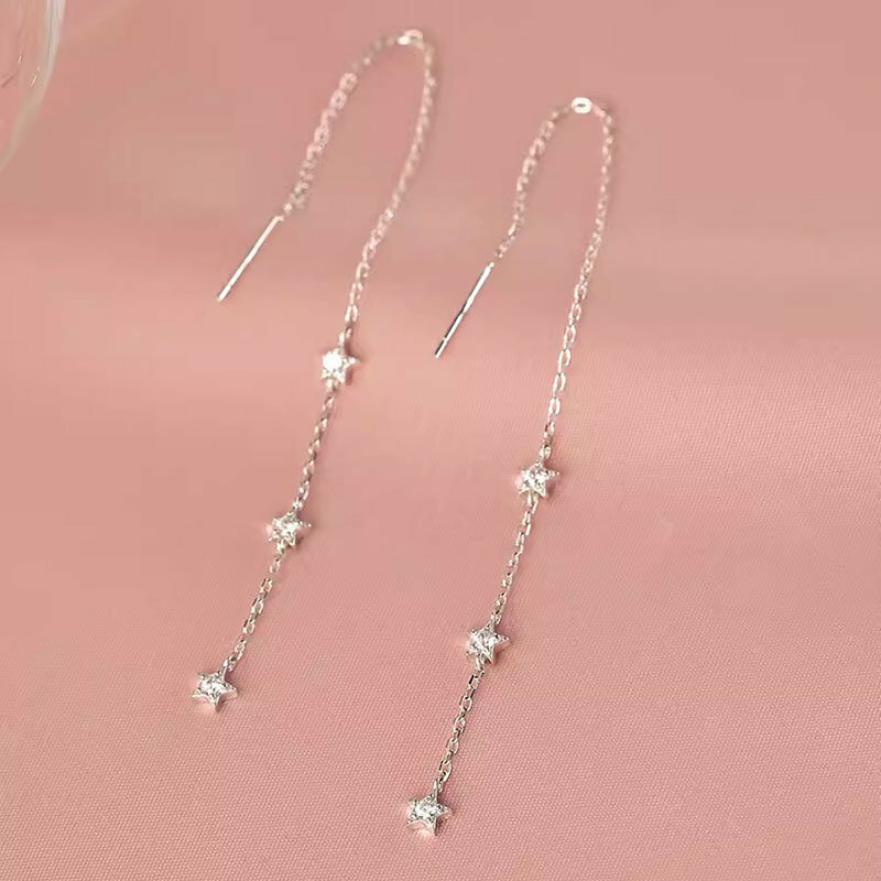 Birthday Gift 925 Sterling Silver Star Zircon Earrings Long Tassel Pentagonal Star Earrings For Women's Wedding Jewelry