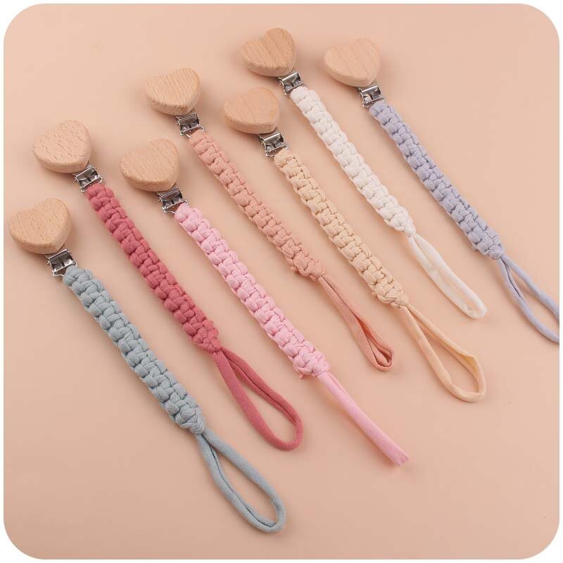 Baby Pacifier Chain Hand Braided Cotton Cloth Handmade Heart Shape Wooden Dummy Pacifier Clips For Nursing Teether Shower Gifts