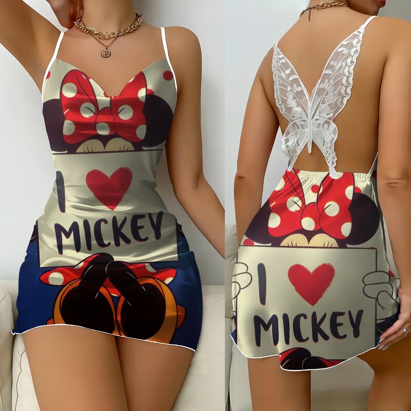 Disney Sukienka bez pleców Moda Letnie sukienki 2024 Spódnica piżamowa Kokarda Węzeł Satynowa powierzchnia Myszka Minnie Mickey Womens Party Mini Sexy