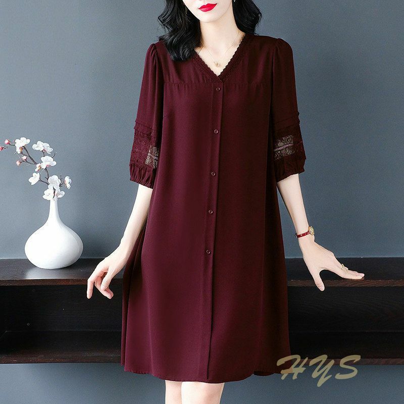Ladies Spring Simplicity Casual Loose Office Lady Patchwork Hollow Out Buttons Solid Color V-neck 3/4 Sleeve Dress Large Size