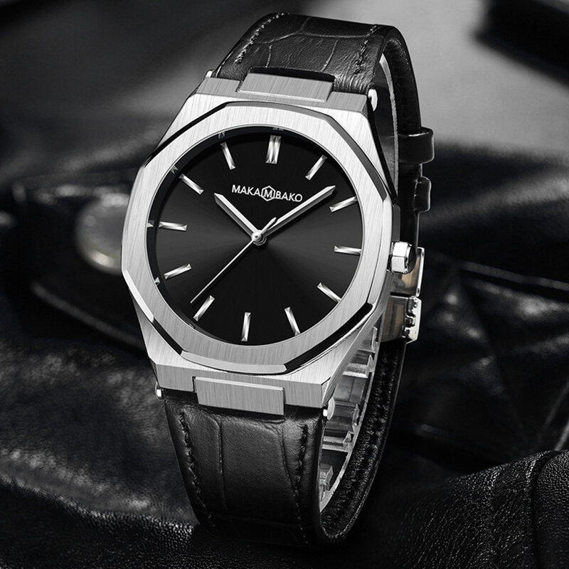 Relógio de quartzo de couro genuíno masculino, relógio de pulso masculino, banda comercial, impermeável, criativo, todo mostrador preto, marca superior, novo, 2022