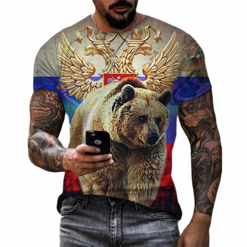 Bandeira masculina da Rússia T-Shirt, Estampa de Urso Russo, Manga curta, roupas masculinas, Top extragrande, Streetwear, Nova Moda