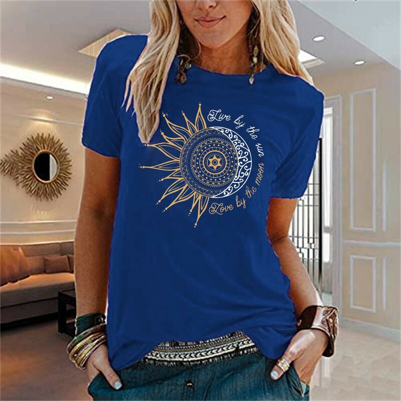 Kaus lengan pendek wanita, kaos motif matahari bulan lengan pendek leher O seru grafik estetika untuk wanita remaja perempuan Streetwear