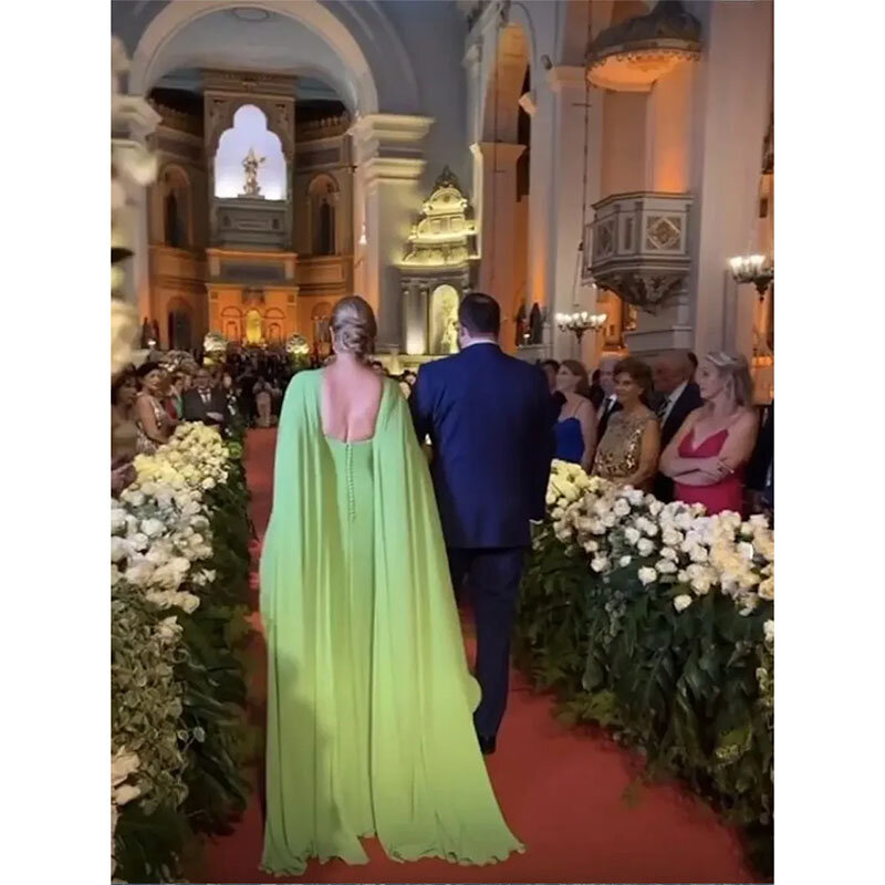 ชุดเดรสผ้าชีฟองสีเขียวสง่างามสำหรับคุณแม่ของเจ้าสาวชุดราตรีชุดงานพรอมเปิดหลังตรงสำหรับงานแต่งงาน