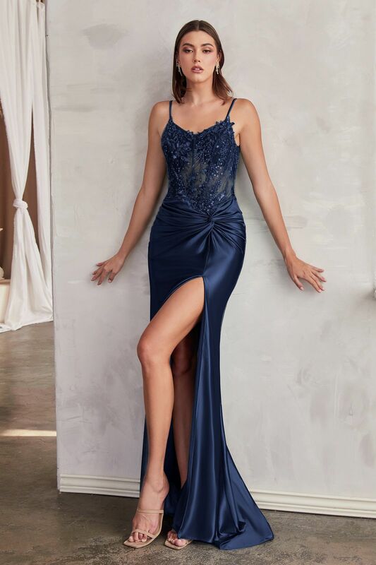 2024 gaun Prom putri duyung Satin tali Spaghetti wanita dengan korset gaun malam Formal belahan tinggi manik-manik berlipat panjang