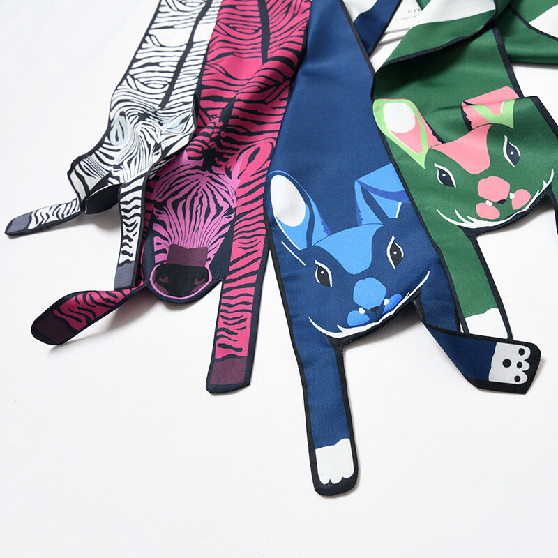 Bufanda de seda con dibujos de animales para mujer, pañuelos largos de moda con personalidad, Tigre, gato y perro, decoración para bolso, novedad de 2022