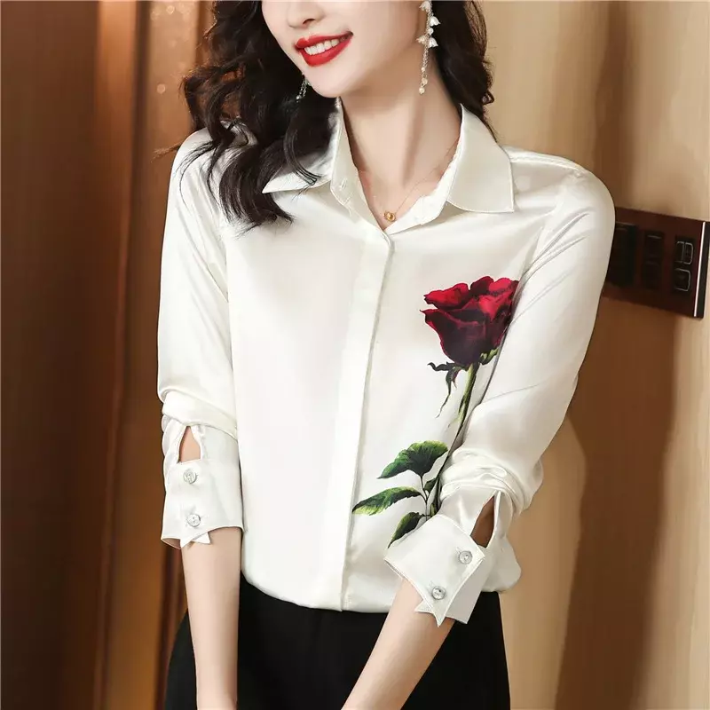 Camisa feminina manga longa de cetim, padrão floral pintado à mão, blusa frontal de botão para baixo, verão