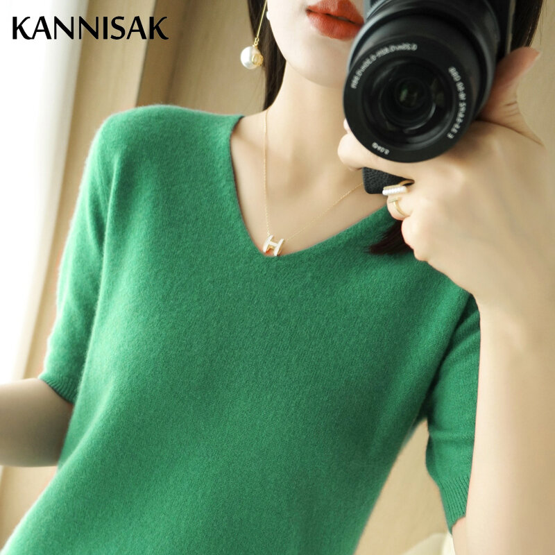 Suéteres de manga corta con cuello en V para mujer, camisa de punto, color verde Camel y rosa, estilo coreano, primavera y otoño, 2023