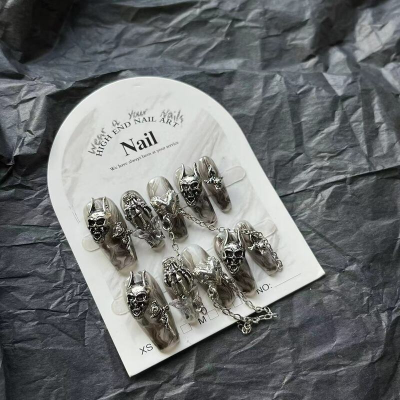  10pcs Handmade Dark Design Long Fake Nails Gothic Metal Reusable Adhesive False Nails with Art Reusable Adhesive False Nails