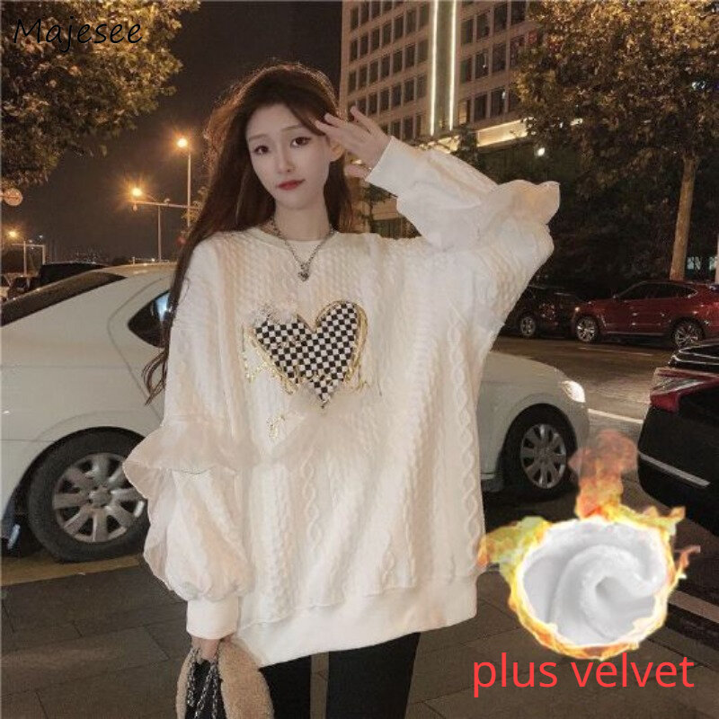 Heart Pullovers Women Thicker Plus Velvet Jacquard Autumn and Winter Vintage Korean Style All-match Streetwear O-neck Female New