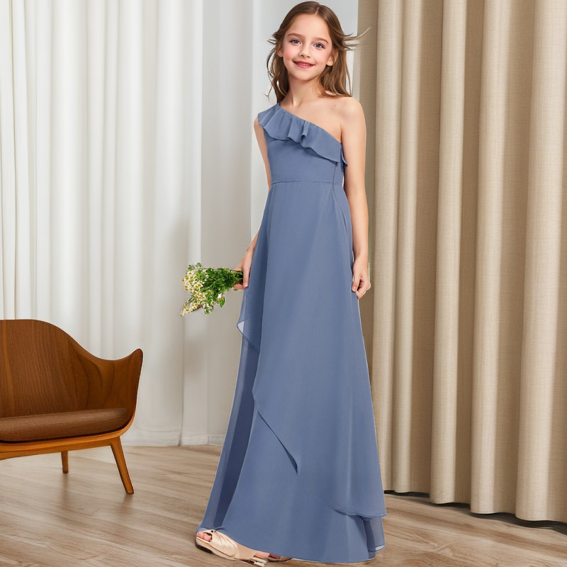 One Shoulder Chiffon Junior Bridesmaid Dress Wedding Photograph Ball Event Birthday Party Banquet Prom Night Pageant For Kids