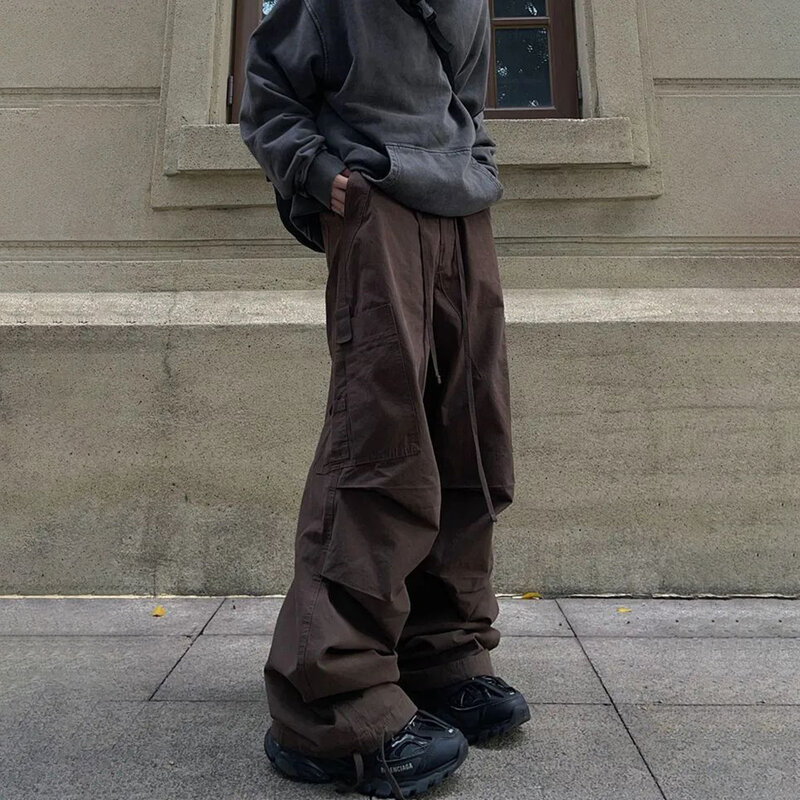 ขนาดใหญ่หลวมๆกางเกงผู้ชาย Y2K Street American กางเกงขาทรงกระบอก Hip-Hop ขากว้างหลายกระเป๋า mopping กางเกง
