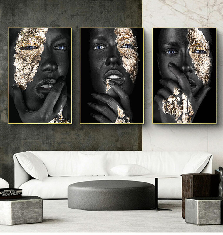 Dân Cetakan Gambar Seni Dinding Skandinavia untuk Ruang Tamu Seni Afrika Hitam Dân Emas Wanita Lukisan Minyak Di Atas Poster