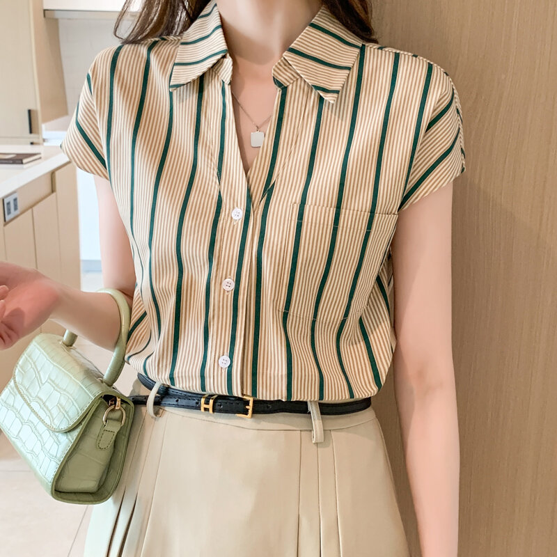 Miiiix Hong Kong Stil lässig gestreiftes Hemd 2024 Sommer neue Frauen Polo Kragen kurz ärmel ige Chiffon Top weibliche Kleidung