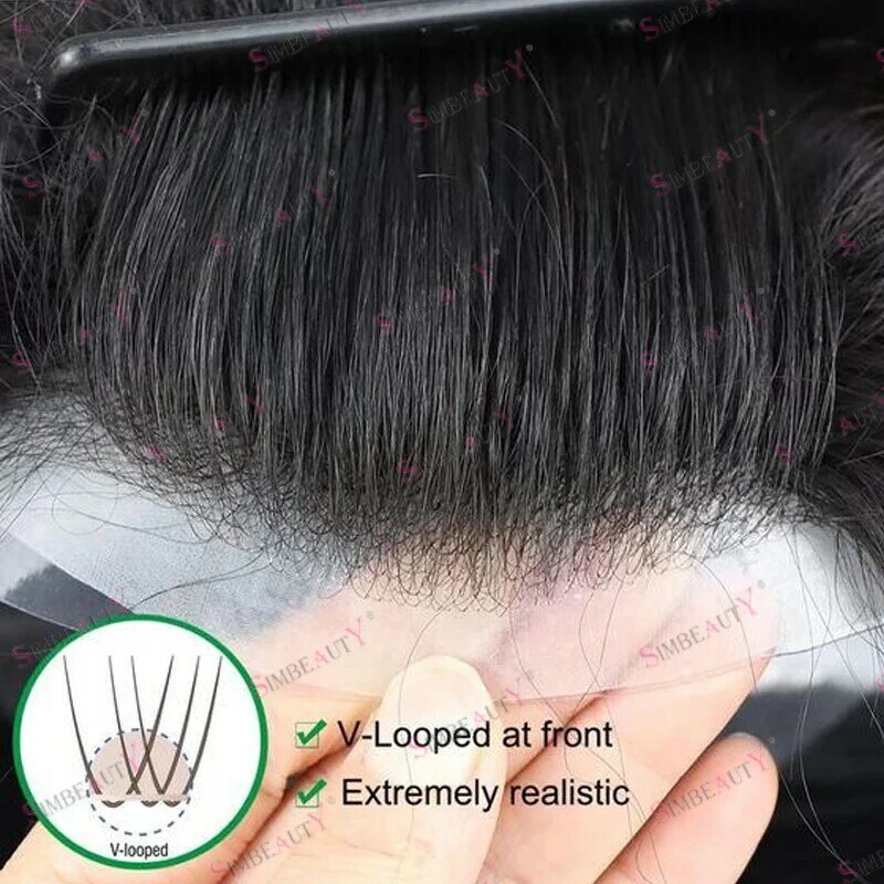 Tidak dapat dilepas kulit tipis mikro 0.04mm dasar pria rambut palsu alami Wig pria 100% Sistem prostesis rambut manusia Virgin