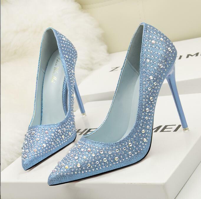 Zapatos de tacón alto con diamantes de imitación para mujer, calzado de oficina a la moda, clásico, para fiesta y boda, novedad
