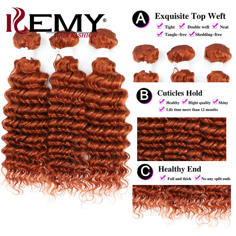 Tissage en Lot Brésilien Remy Naturel Ondulé 350 Orange, Extensions de Cheveux Humains, 1/3/4 Pièces