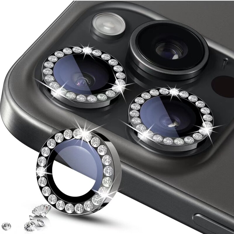 Protetor de Câmera Diamante para iPhone, Vidro Temperado, Anéis de Metal, Capa de Lente, iPhone 14, 13, 11, 15 Pro Max, 12 Pro, Mini, 14Plus