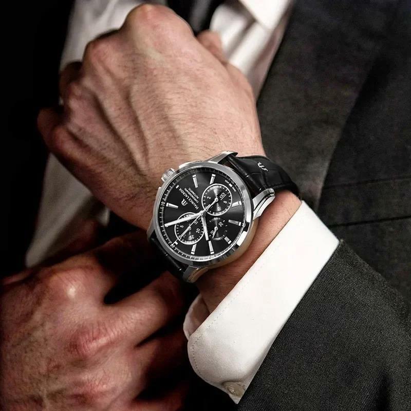 MAURICE LACROIX Designer Men's Quartz watch Pentao Series Three Eyes Chronograph Fashion Casual Top Leather Relogios Masculinos