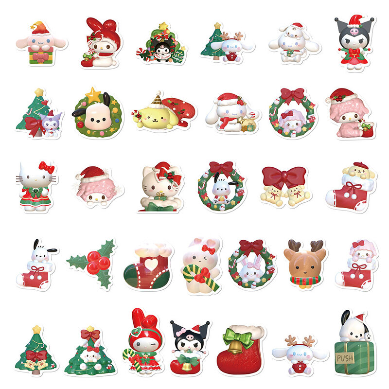 Забавные милые рождественские Мультяшные аниме наклейки Sanrio, стикеры Hello Kitty Kuromi, наклейки на стену холодильника, гитары, ноутбука, кавайные наклейки, 10/30/63 шт.