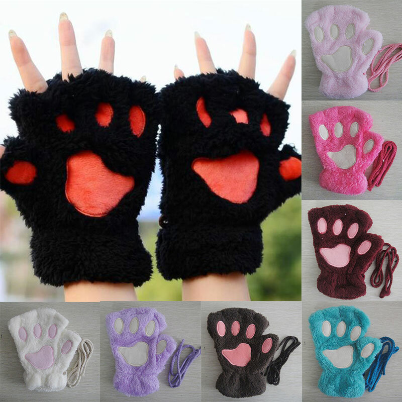 Новые зимние перчатки, женские плюшевые перчатки с кошачьими лапами и медведем, милые безпальцевые варежки с котятами, перчатки для подарка девочкам на Рождество, Хэллоуин