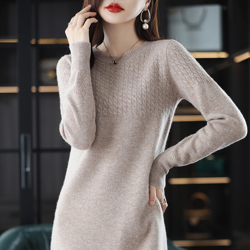 100% Pure Wool Women's Pullover Dress Mid-length Sweater Skirt Round Neck Knitted Fashion Allmatch Solid Color Autumn Winter New