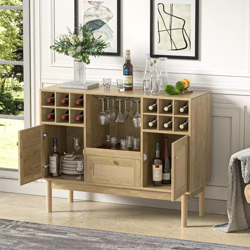 Rattan Wine Bar Cabinet, Wood Liquor Cabinet with Wine Rack, Kitchen Sideboard Buffet Wine Cabinet with Drawer