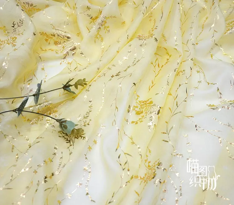 Kain sifon perunggu meteran untuk gaun Hanfu pakaian Diy tekstil bunga prem cetak jahit musim panas lembut