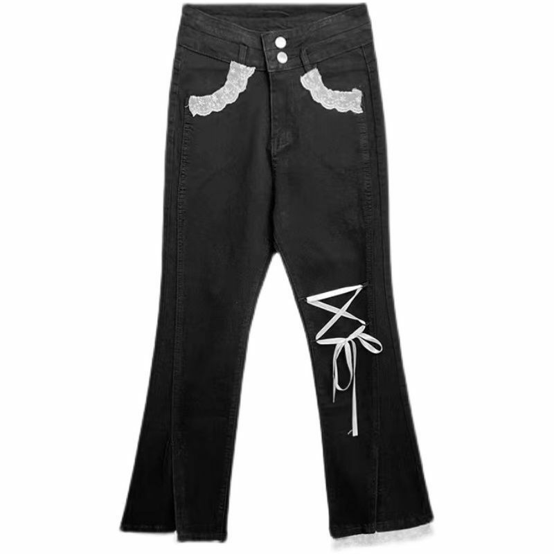 Милые и острые маленькие эластичные облегающие джинсы в стиле "Лолита" с кружевными ремешками на осень и зиму