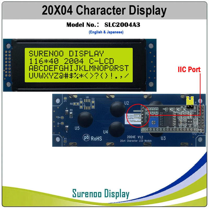 Surenoo 116*40 мм 2 * 8Pin 204 20X4 2004 6800 IIC I2C символьный ЖК-модуль, экран LCM, белая фотография, подсветка, английский, японский