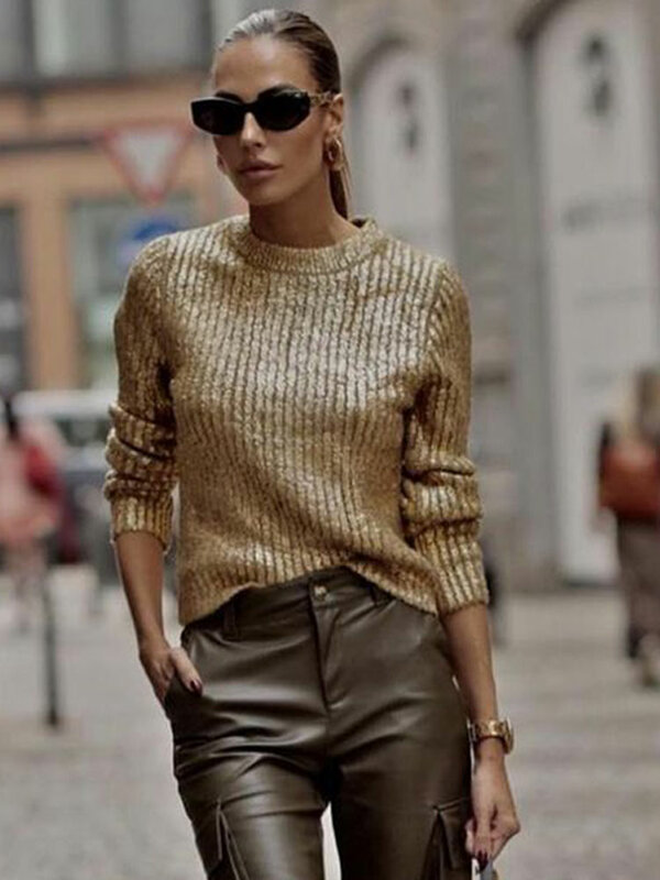 Fashion Gold O Neck Sweaters for Women 2023 Autumn Winter Causal Long Sleeve Knit Pullover Elegant Office Ladies Loose Jumpers