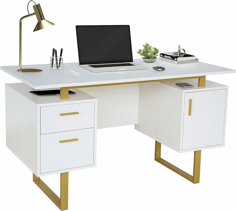 TCHNI Mobili-أدراج وخزائن تخزين ، مكتب حديث ، مكتب سطح مكتب عائم كبير ، أبيض وذهبي ،