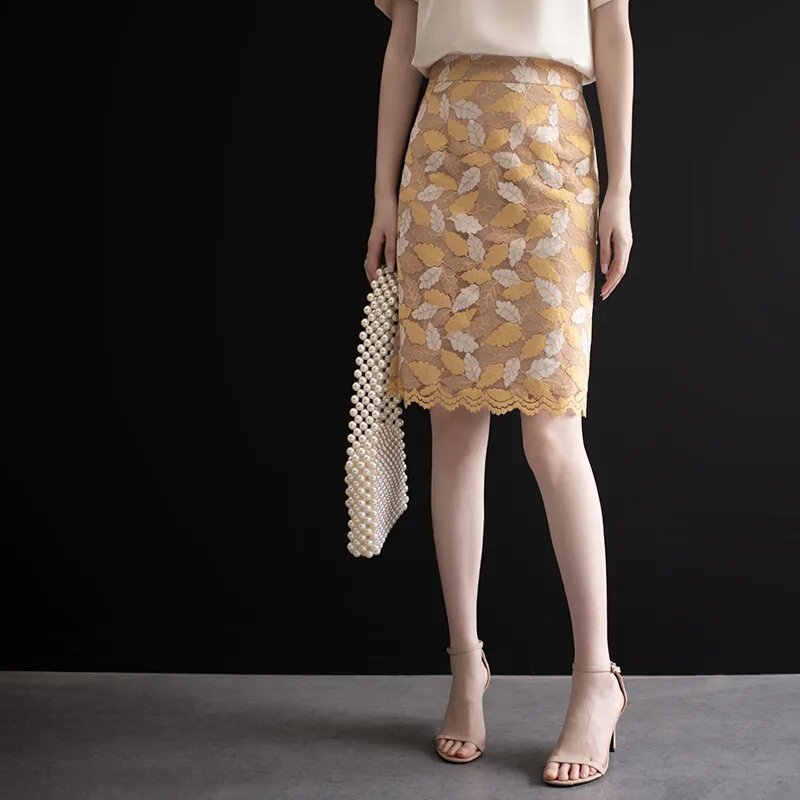 Faldas elegantes de encaje de hoja intelectual para Mujer, falda de cintura alta de longitud media a la cadera, Moda de verano, 2023