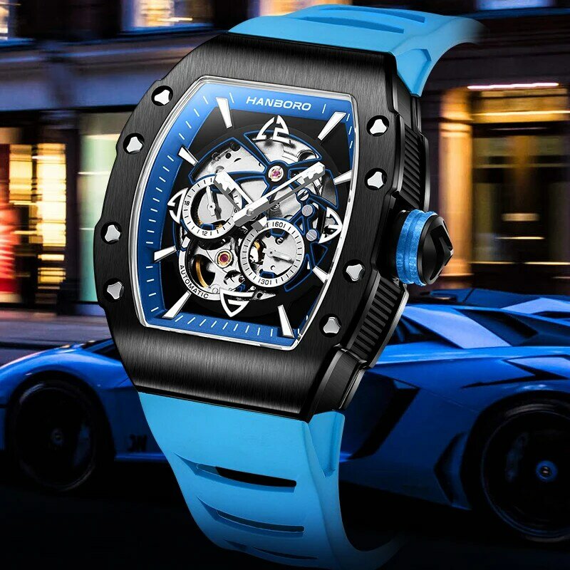 남성용 럭셔리 스켈레톤 자동 시계, 와인 배럴 기계식 손목 시계, 무료 배송, 일본 무브먼트 82S7 Montre Homme