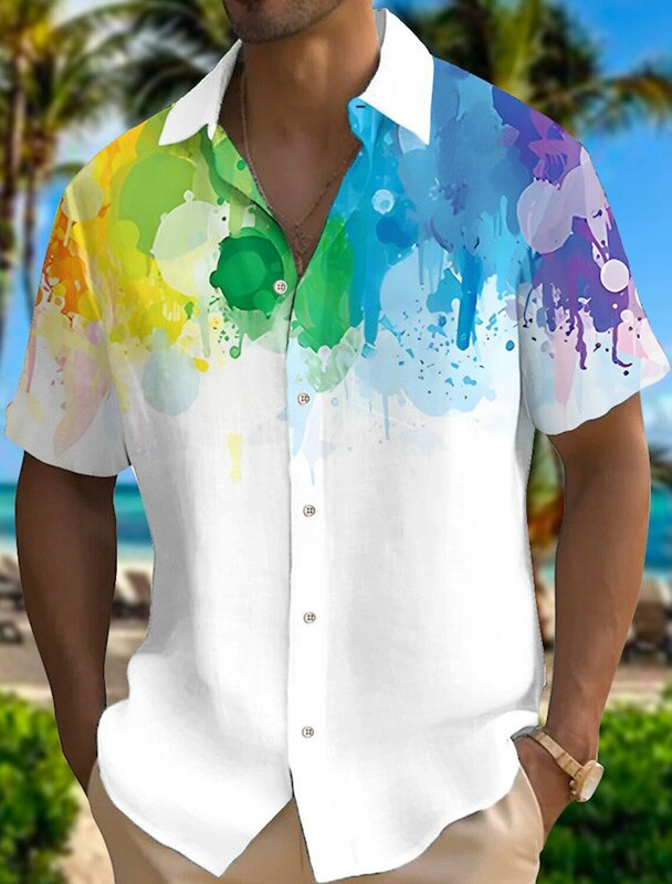 Мужская рубашка с градиентом и отложным воротником, разноцветная Радужная уличная одежда с коротким рукавом и принтом, модная дизайнерская повседневная одежда