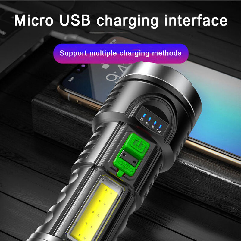 Puissante lampe de poche Rechargeable par USB, 4 Modes, torche LED avec batterie 18650 intégrée, lampe de poche tactique, torche étanche