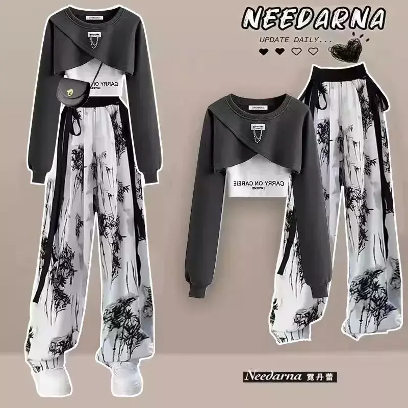 Conjunto de tres piezas de diseño coreano para mujer, Top de manga larga, camiseta sin mangas y pantalones de pierna ancha con tinta, cintura de estilo moderno, primavera y otoño
